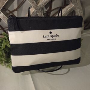 Kate Spade New York Black Cream Stripe Cosmetic Pouch Zip Makeup Bag Clutch